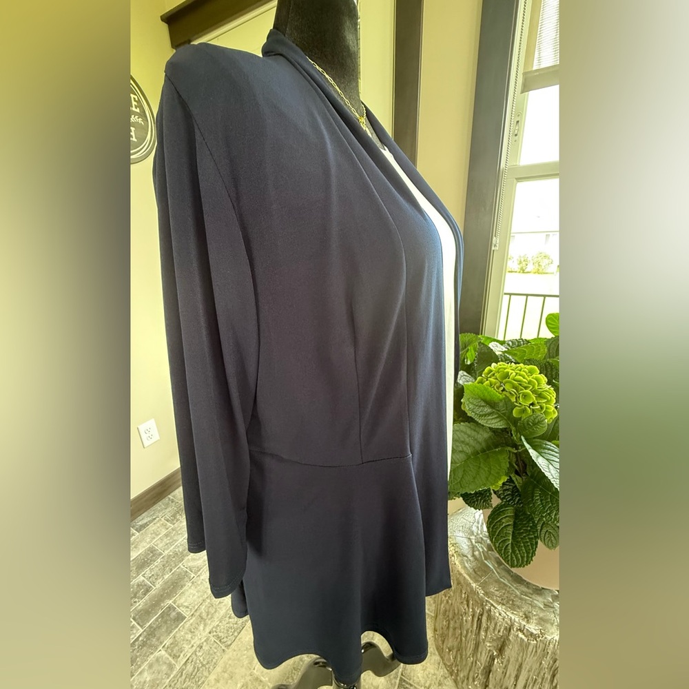 Roz & Ali Navy Blue Open Front Stretch Knit Cardigan - Picture 5 of 8